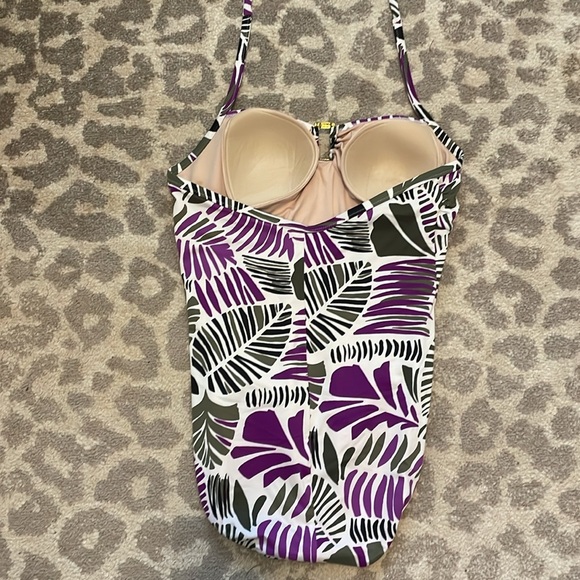 Lands End Womens One Piece Swimsuit Halter Tie Neck Purple Leaf Print 16 - Picture 4 of 5